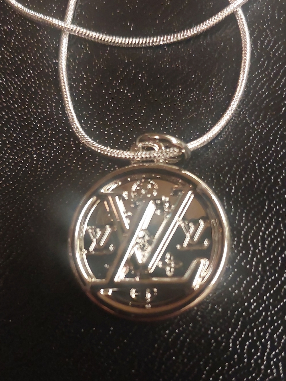 LV Round Logo Charm Pendant Sterling Silver Necklace